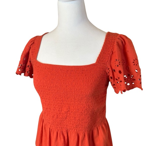 Madewell Eyelet Sleeve Lucie Smocked Peplum Blouse XS Fresh Chili Terracotta - Picture 4 of 12